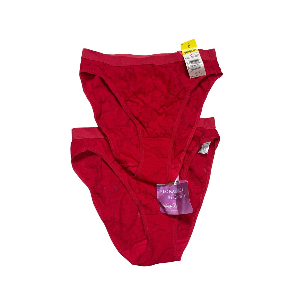 Vintage 90s Vanity Fair Floral Lace Hi-Cut Briefs – Red – Lot of 2 – Sz 6 (NWT)